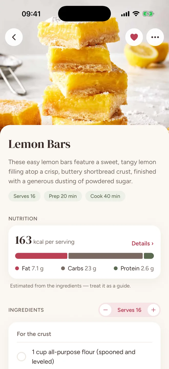 Maplie recipe screen: lemon bars with nutrition and ingredients